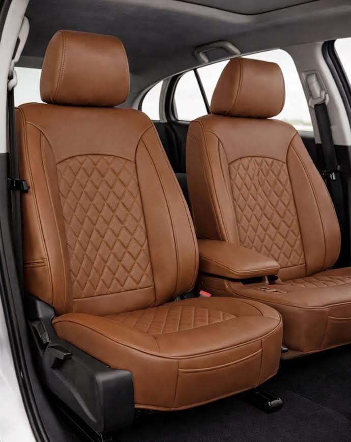 Leatherette car seat cover with diamond Insert -Seat Coversbucket lowback seats with adjustable headrestsFRONT SADDLE BROWN