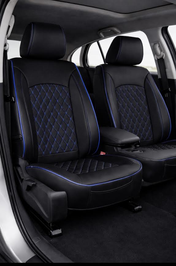 Leatherette car seat cover with diamond Insert -Seat Coversbucket lowback seats with adjustable headrestsFRONT BLACK/BLUE