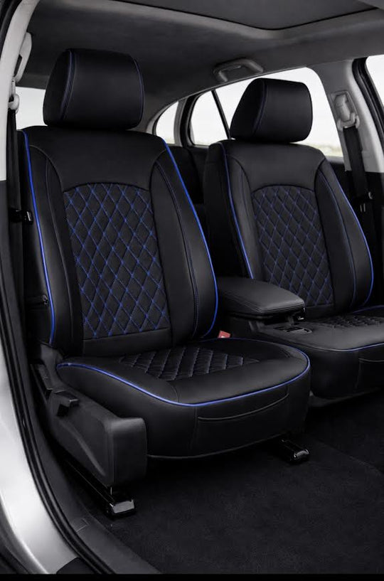Leatherette car seat cover with diamond Insert -Seat Coversbucket lowback seats with adjustable headrestsFRONT BLACK/BLUE